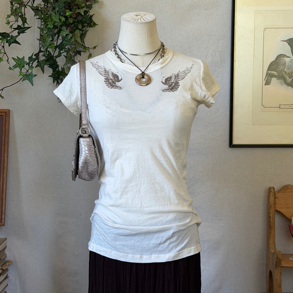 Rhinestone Cream Chest Wings Graphic Tee Y2K Grunge VTG M Fitted 2000s Grunge